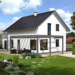 HARTLHAUS-Fertighaus-Firmengeschichte-Top3 Top3-Haus mit Satteldach in Weiß mit Pergola