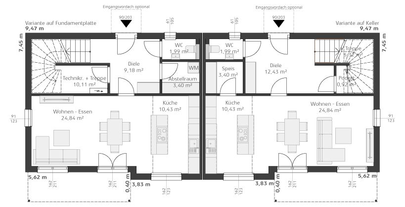 Erdgeschoss - Darstellung mit und ohne Keller